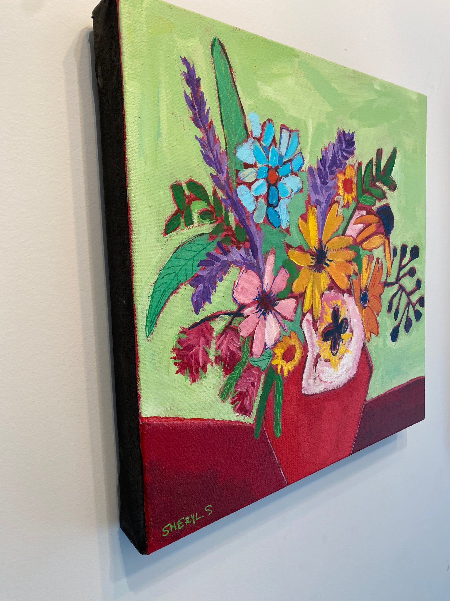 Original Wall Art / Cut Flowers in a Red Vase / Green Blue Purple / Modern Floral