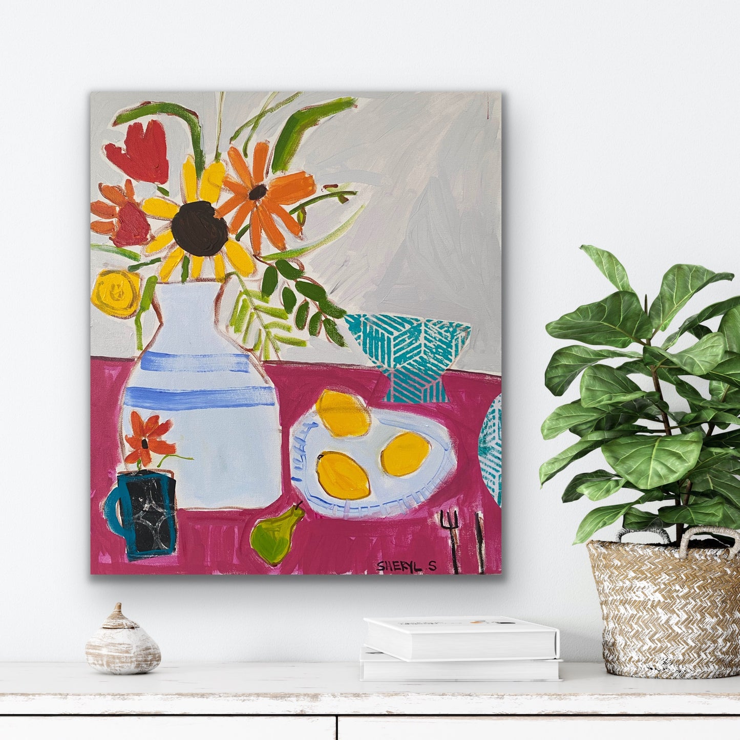 Floral with Lemons on Pink / Plate with Lemons /  Original Still Life Wall Art / Acrylic Painting