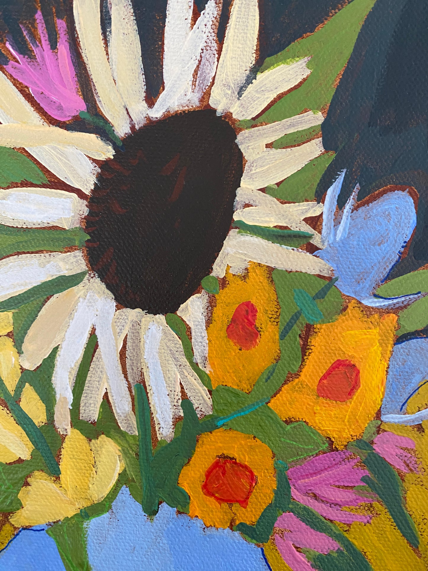 Original Wall Art / Botanical/ Sunflower, Strawflowers Sweetpeas / Painting on Canvas