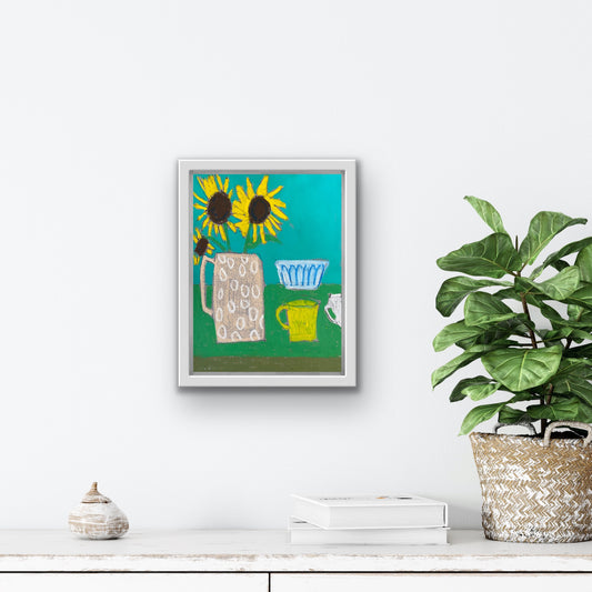 Original Wall Art / Sunflowers with Pink Vase / Teal Pink / Modern Floral / 9"x12" on Paper