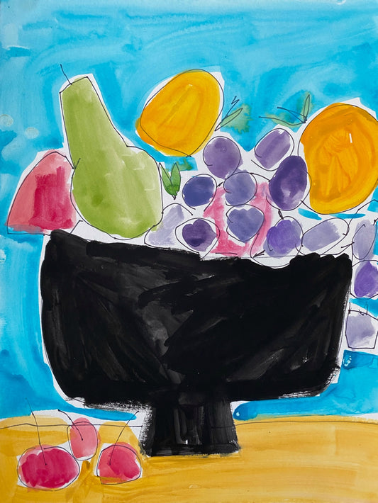 Fruit Bowl on Teal / Gouache colour study on 9”x12” paper / Sheryl Siddiqui