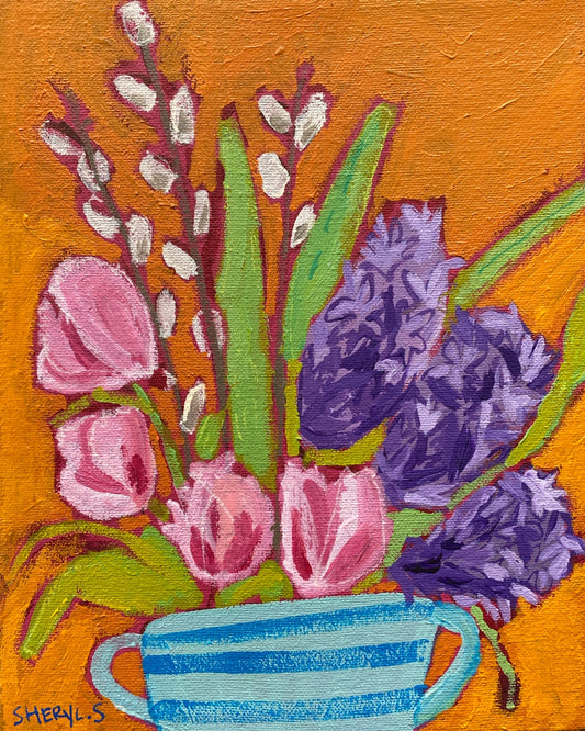 Original Wall Art/ Botanical / Tulips and Hyacinths on Orange
