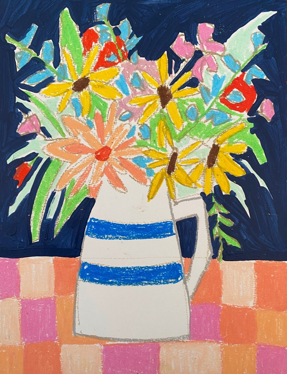 Floral in a Striped Jug / Oil Pastel on Paper / Modern Wall Art / Vibrant