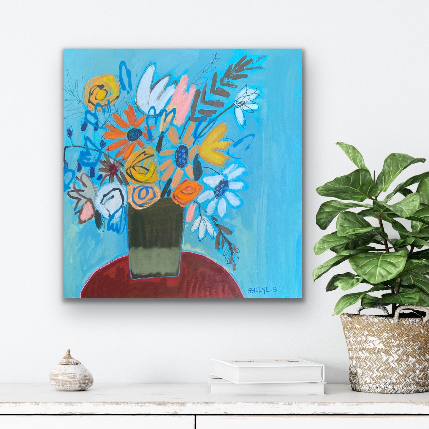 Original Wall Art / Bouquet on a Red Table 20"x20" / Contemporary Canvas Painting