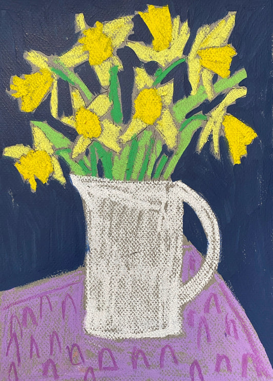Daffodils in a White Vase / Mixed Media / Navy Blue / Purple / White ORIGINAL on paper