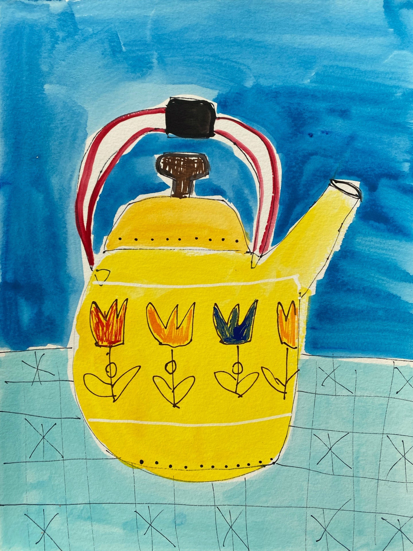 Yellow Teapot / Original Gouache Painting on Paper / 9”x12” / Mixed Media