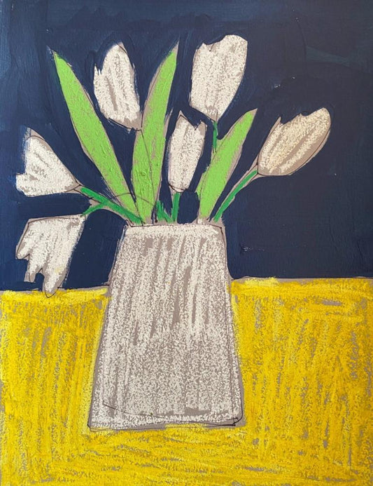 White Tulips on Navy and Yellow / Oil Pastel Modern Original Wall Art on Paper
