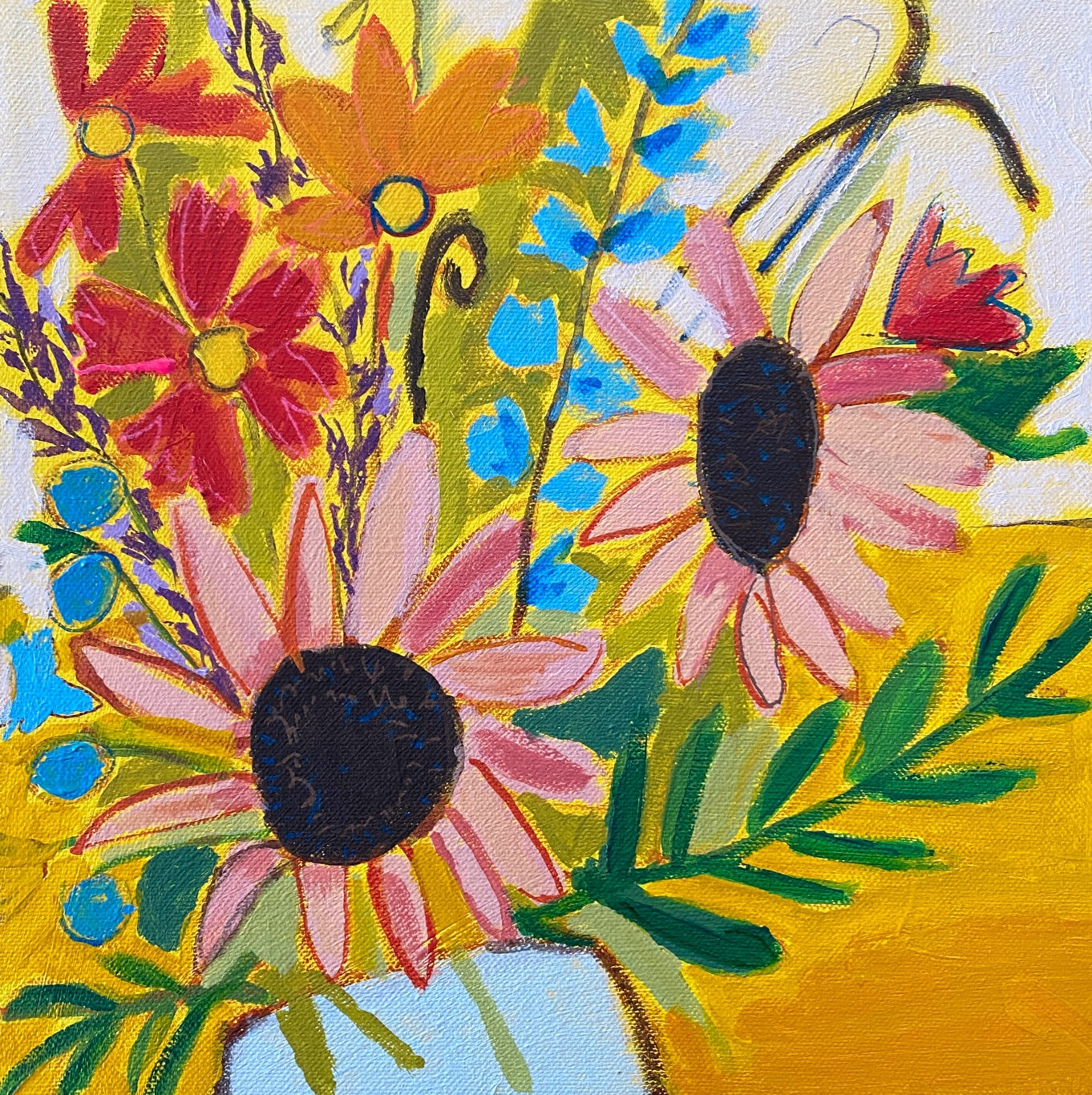 Pink Sunflowers / Original Mixed Media Floral On Canvas / Red / Orange / Blue / Yellow / White