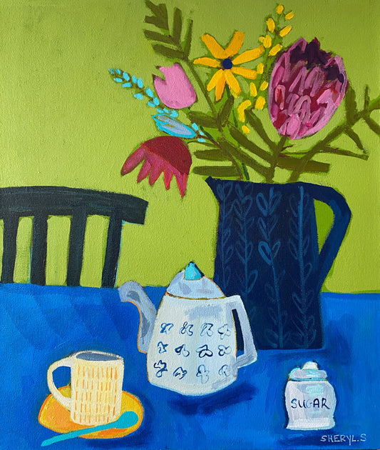 Fine Art Print / 8”x10” / Green and Blue / Teapot and Teacup with Chair / Vase with Protea Flower