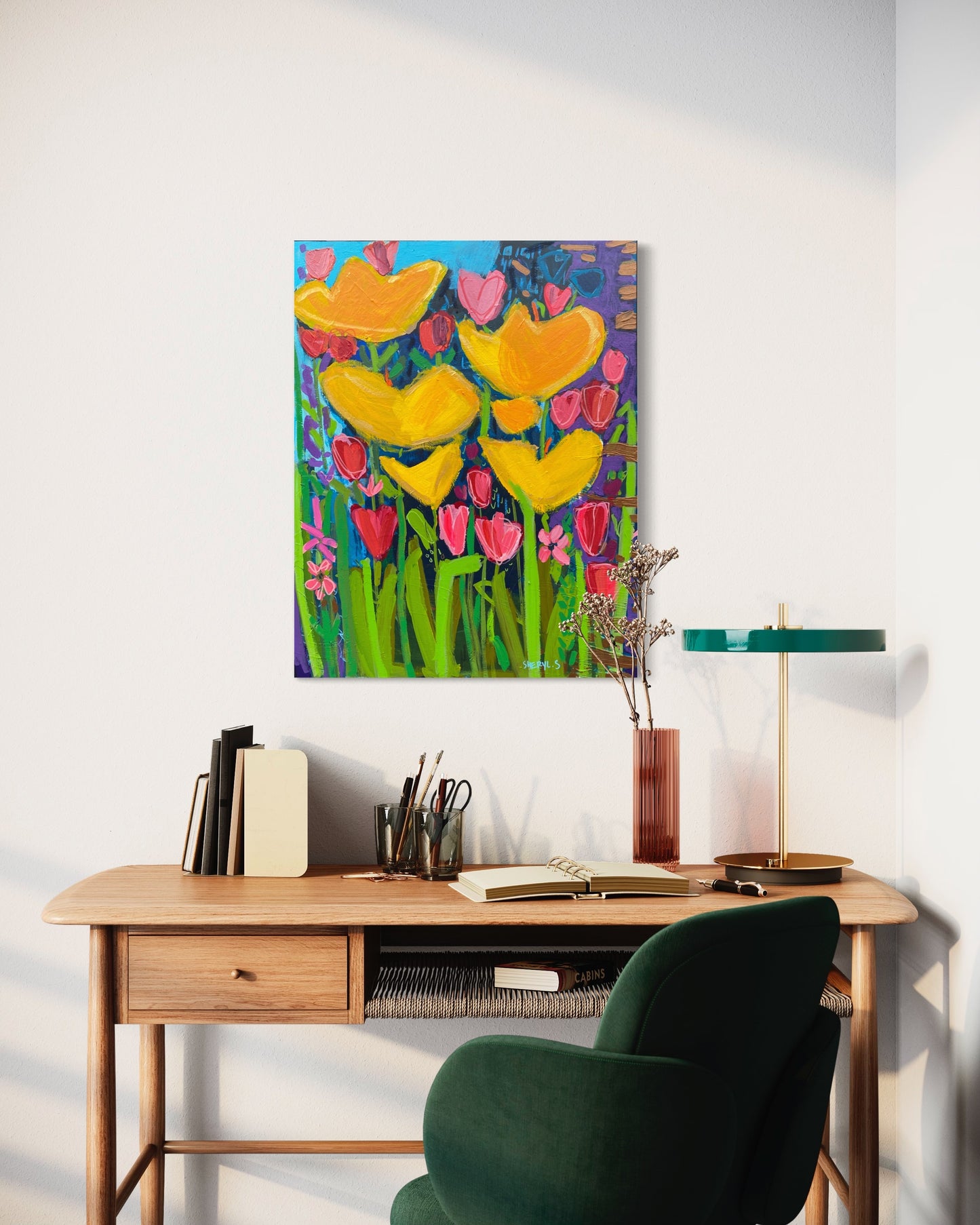 Original Art / Yellow Flowers with Pink and Red Tulips/ Botanical Wall Art
