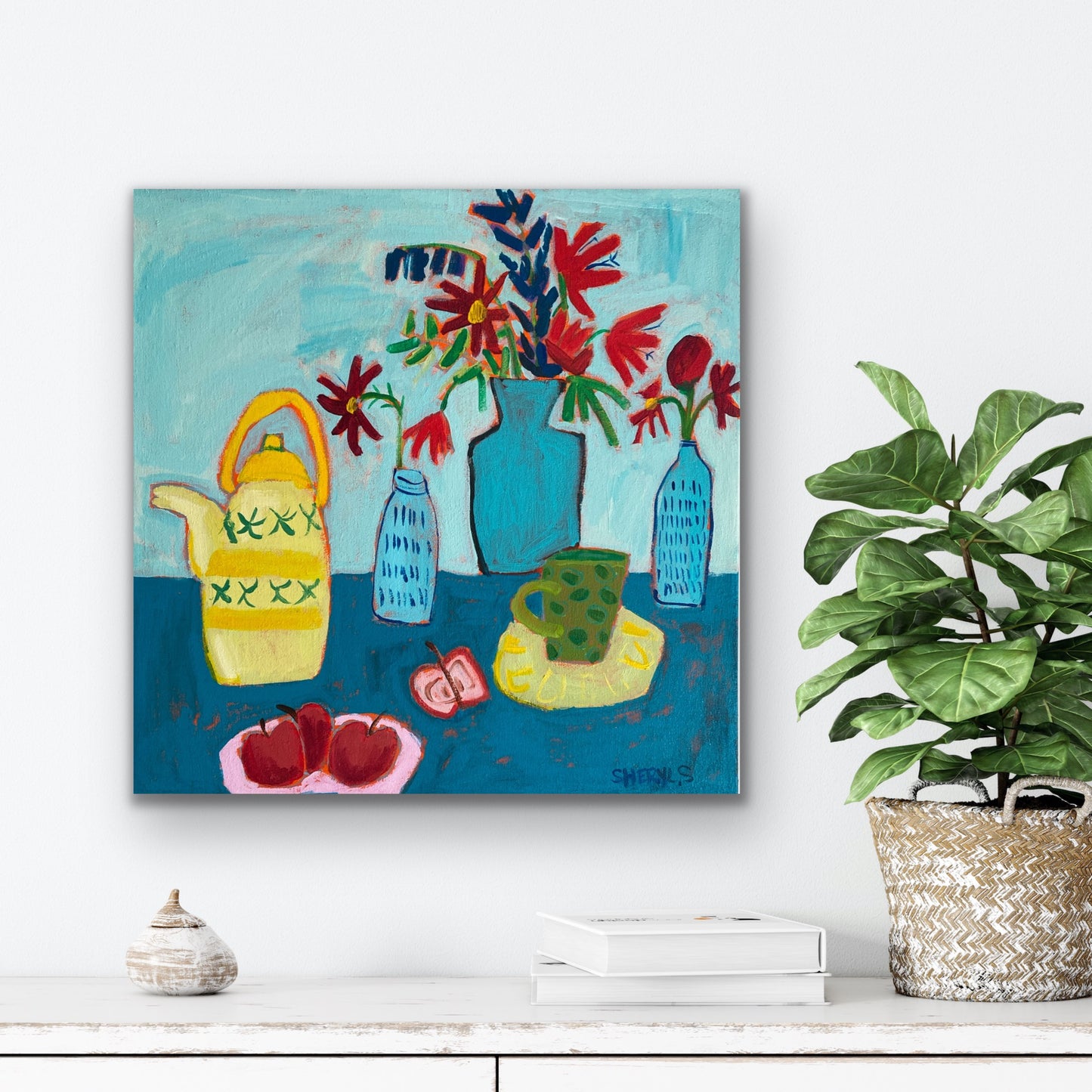 Original Wall Art/ Still Life / Apples On Teal / PAinting on Canvas