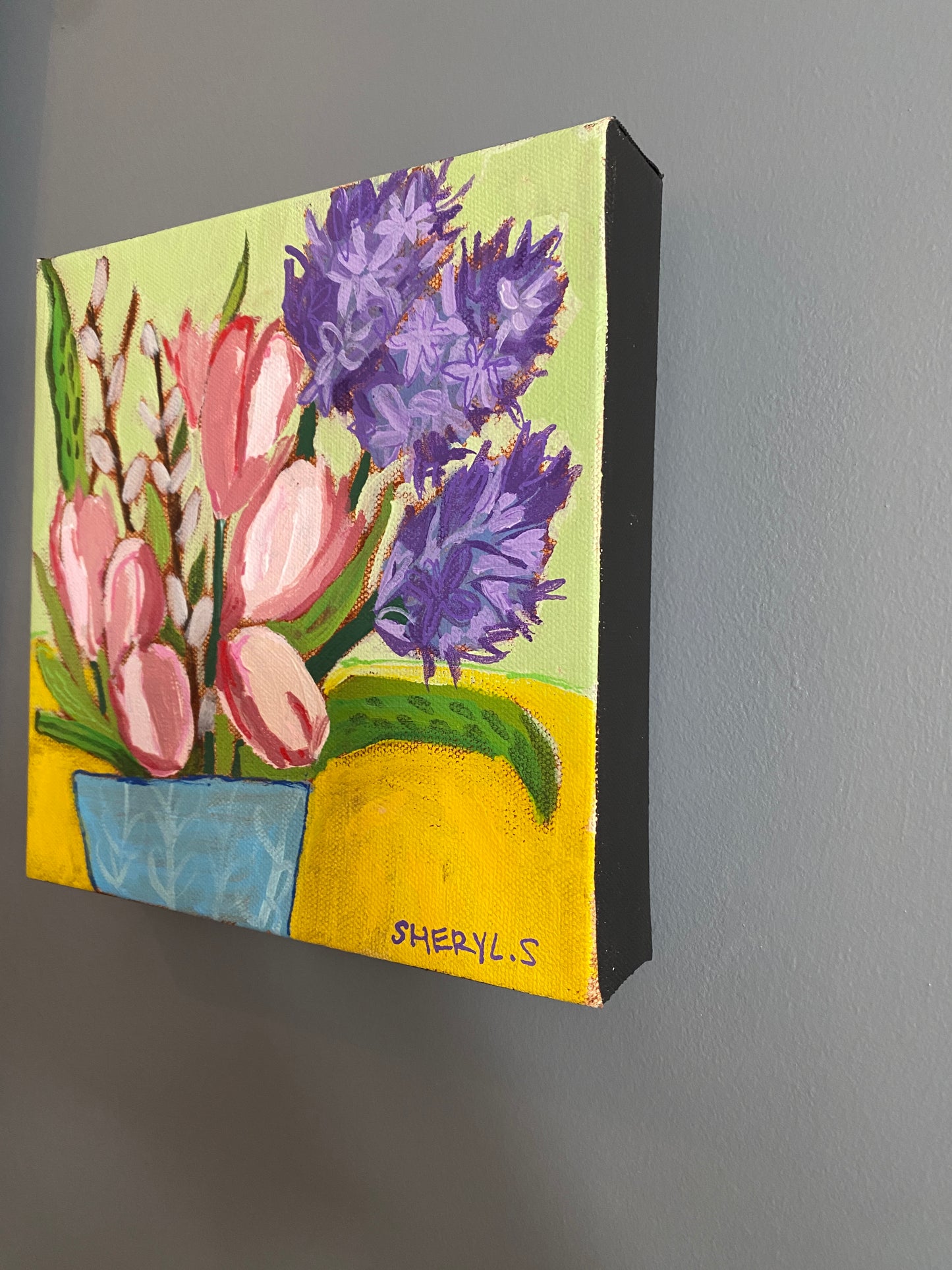Original Wall Art / Hyacinth Tulips with Branches / 8”x8” / Painting on Canvas