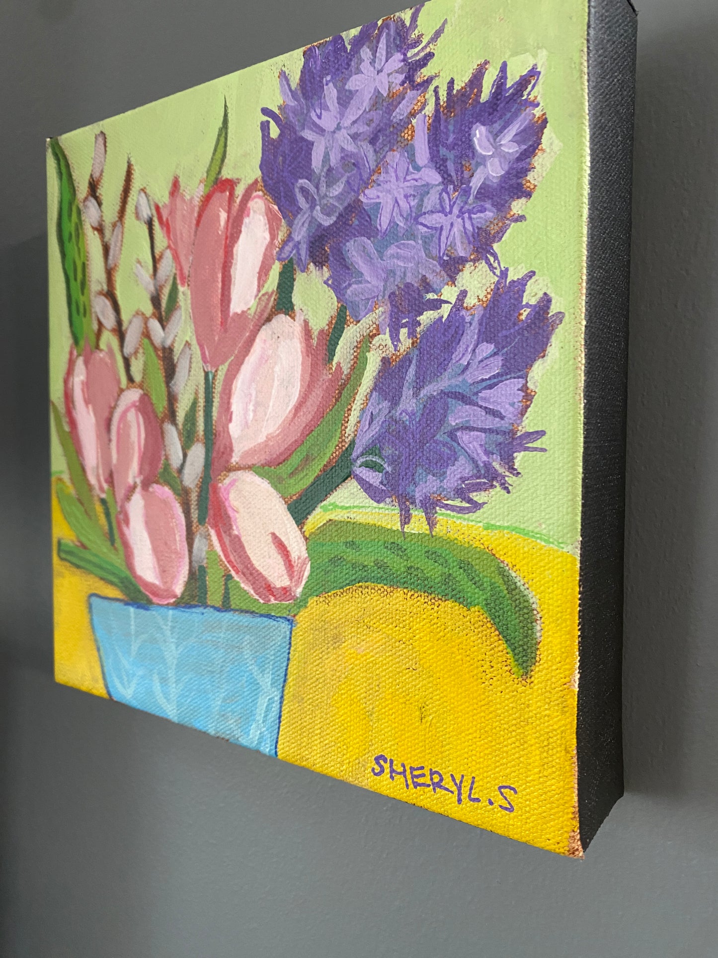 Hyacinth and Tulips with Branches 8”x8” inches / Fine Art on Canvas