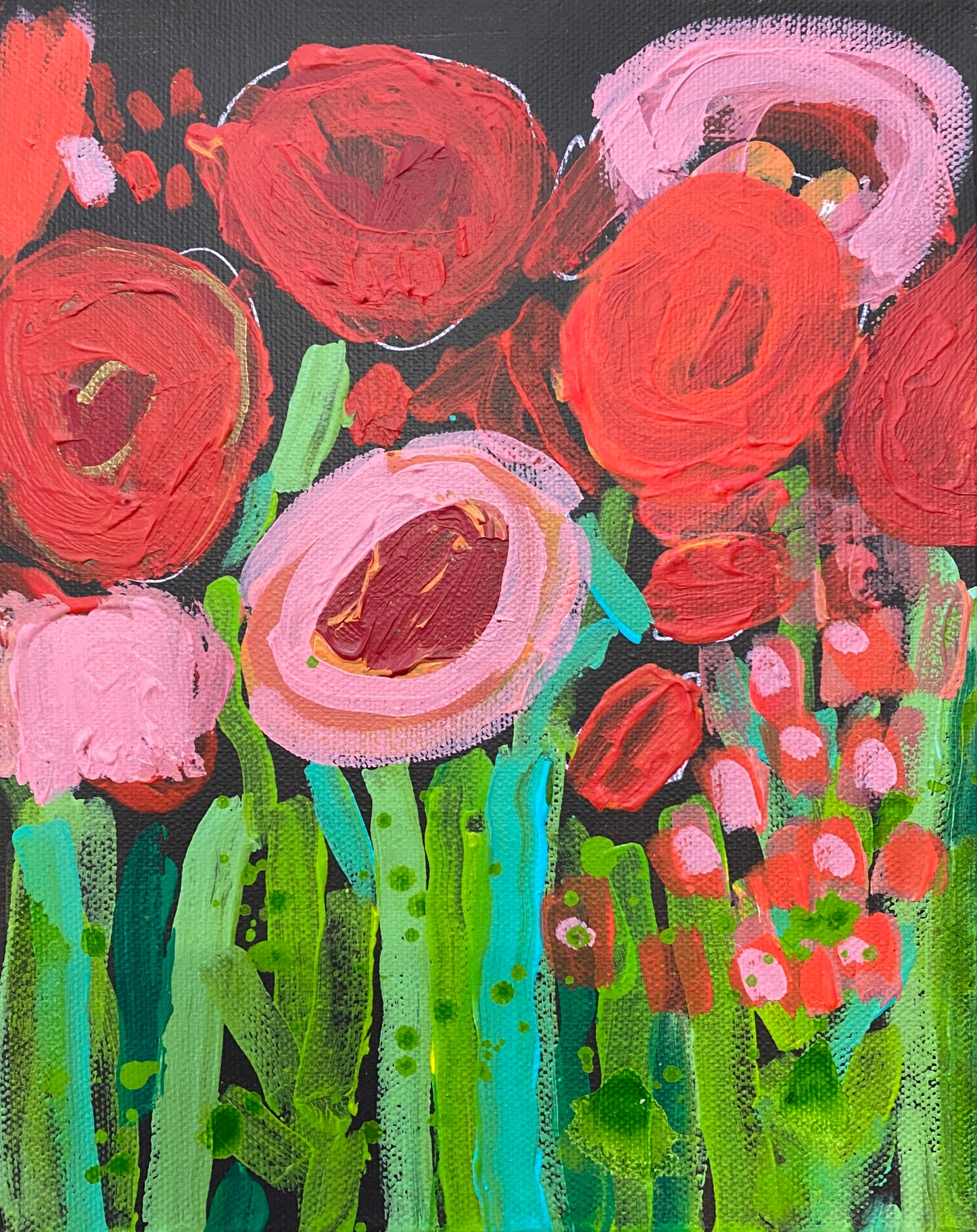 Fresh Blooms 19 / 8”x10” / Original Fine Art / Abstract Wall Art / Red Pink and Black