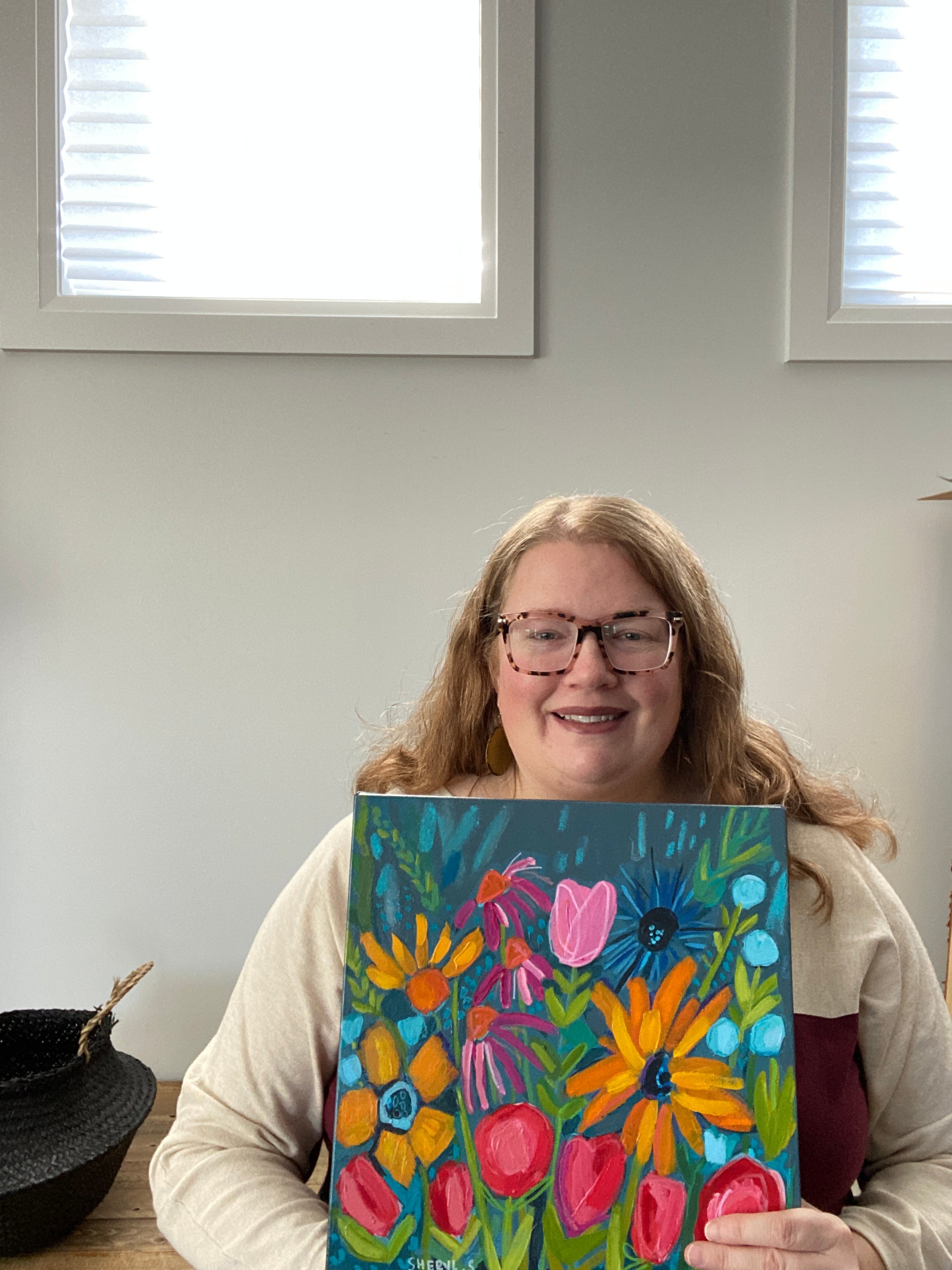 Original Art / New Growth 2 / Vibrant Modern Flowers / Slate Grey