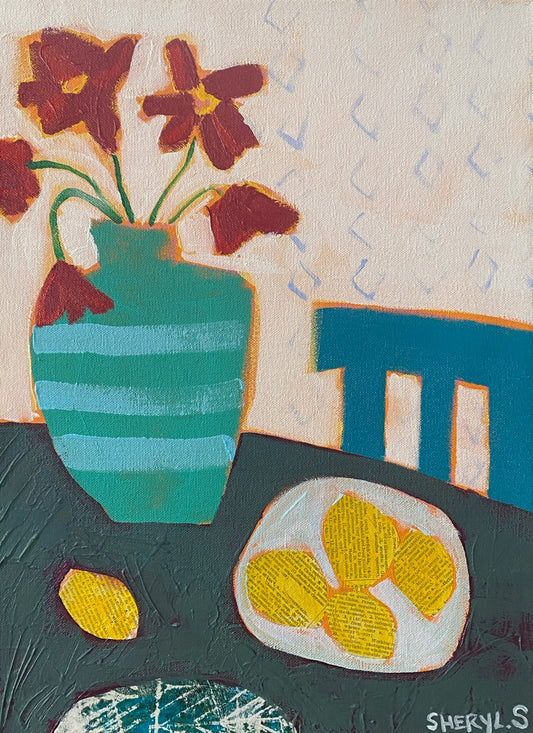 Lemons with Floral 12”x16” still life fine art for sale