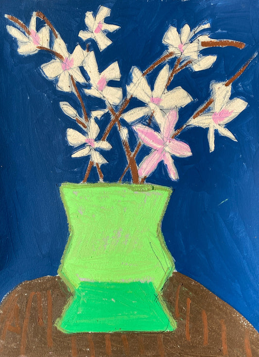 Spring Branches in a Green Vase / Navy Blue Brown/ 9”x12” inches on paper / oil pastel and acrylic