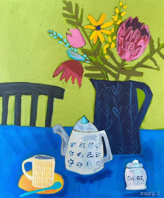 Original Wall Painting/ Afternoon Tea With Protea Flower/ 20”x24”