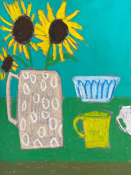 Original Wall Art / Sunflowers with Pink Vase / Teal Pink / Modern Floral / 9"x12" on Paper