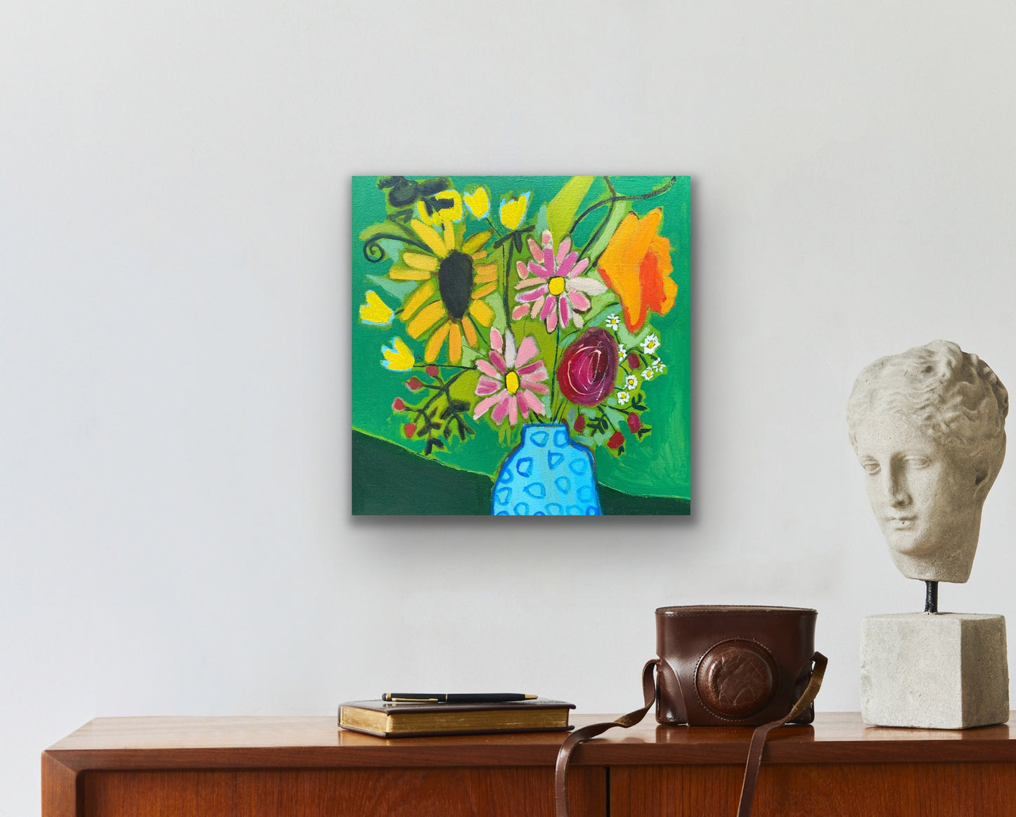 Orignal Wall Art  / Fresh Cut Flowers in Green / Blue Vase With Flowers / Yellow Orange Pink /