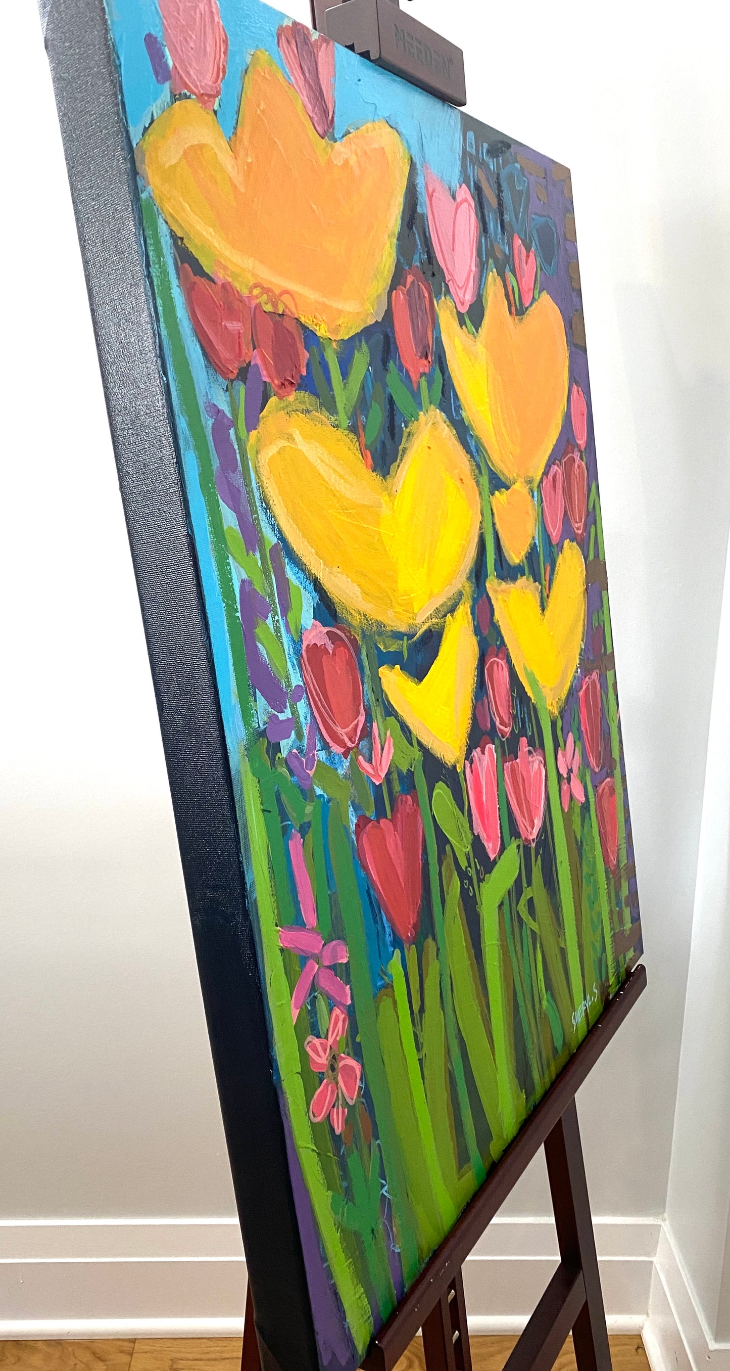 Original Art / Yellow Flowers with Pink and Red Tulips/ Botanical Wall Art