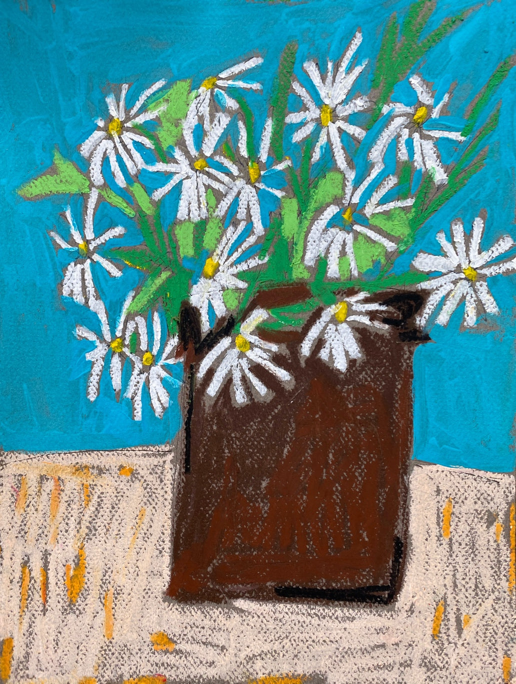 Shasta Daisy in a Clay Pot / 9”x12” / oil pastel and acrylic on paper / teal brown peach