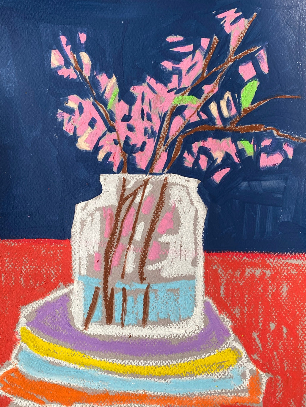 Vase with spring Branches /  Pink Blossoms / Stacked plates/ 12”x9” original art on paper