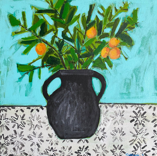 Original Wall Art / Clementine Branches Moroccan / Green Orange / Vase