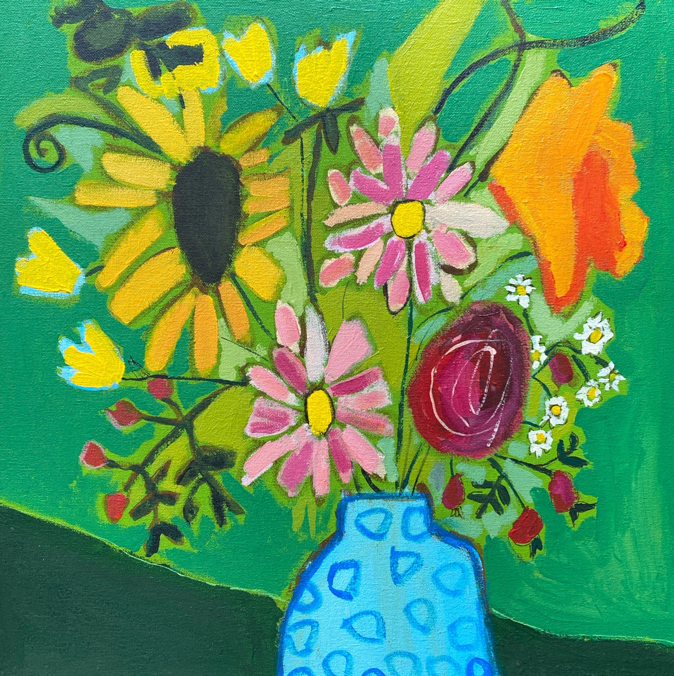 Orignal Wall Art  / Fresh Cut Flowers in Green / Blue Vase With Flowers / Yellow Orange Pink /