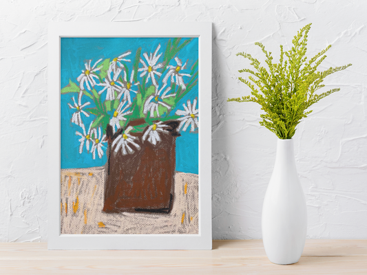 Shasta Daisy in a Clay Pot / 9”x12” / oil pastel and acrylic on paper / teal brown peach