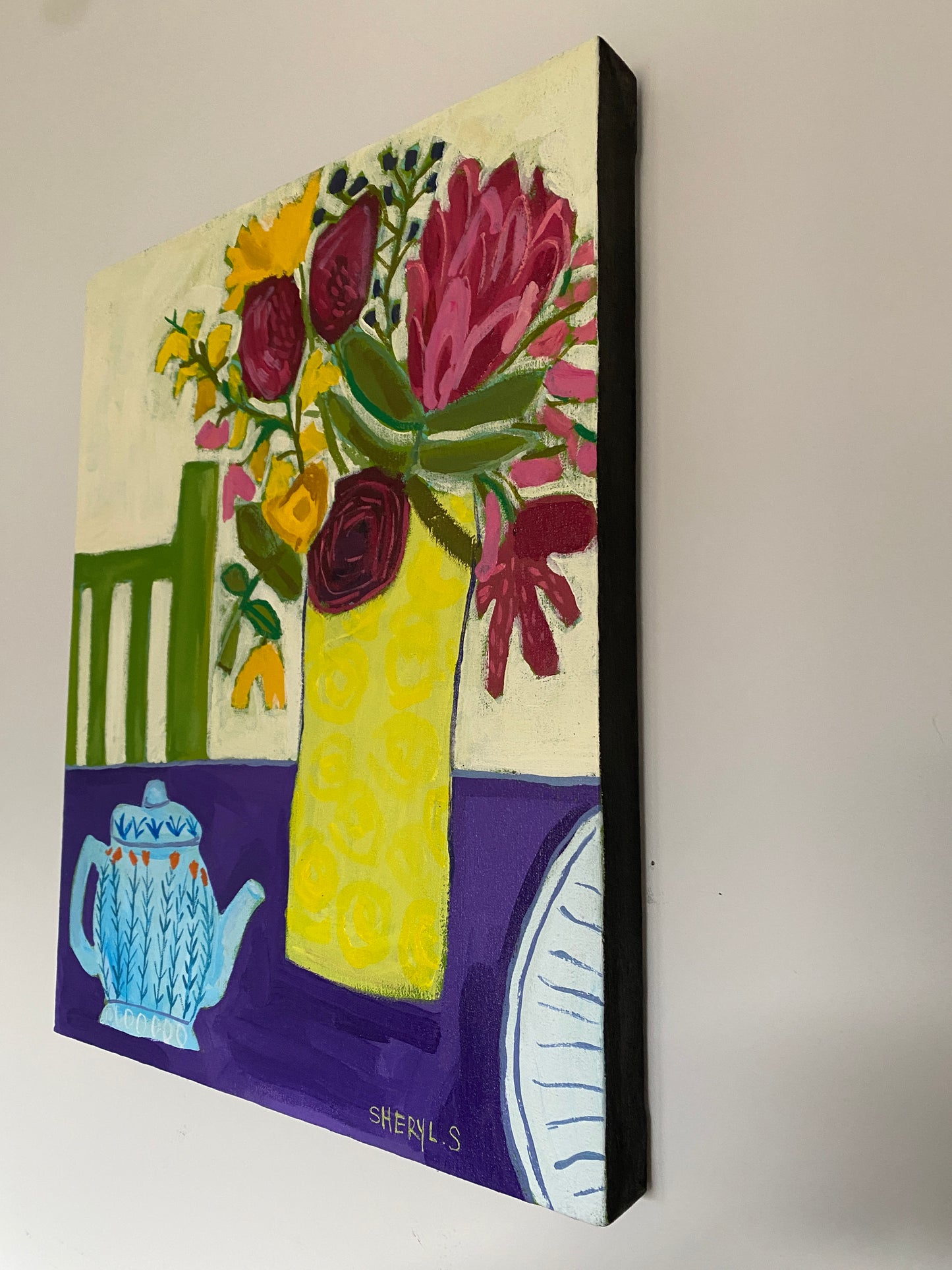 Original Art / Afternoon Tea with Protea Flower / Canvas  Acrylic Wall Art / Green Chair / Yellow Vase / Deep Red